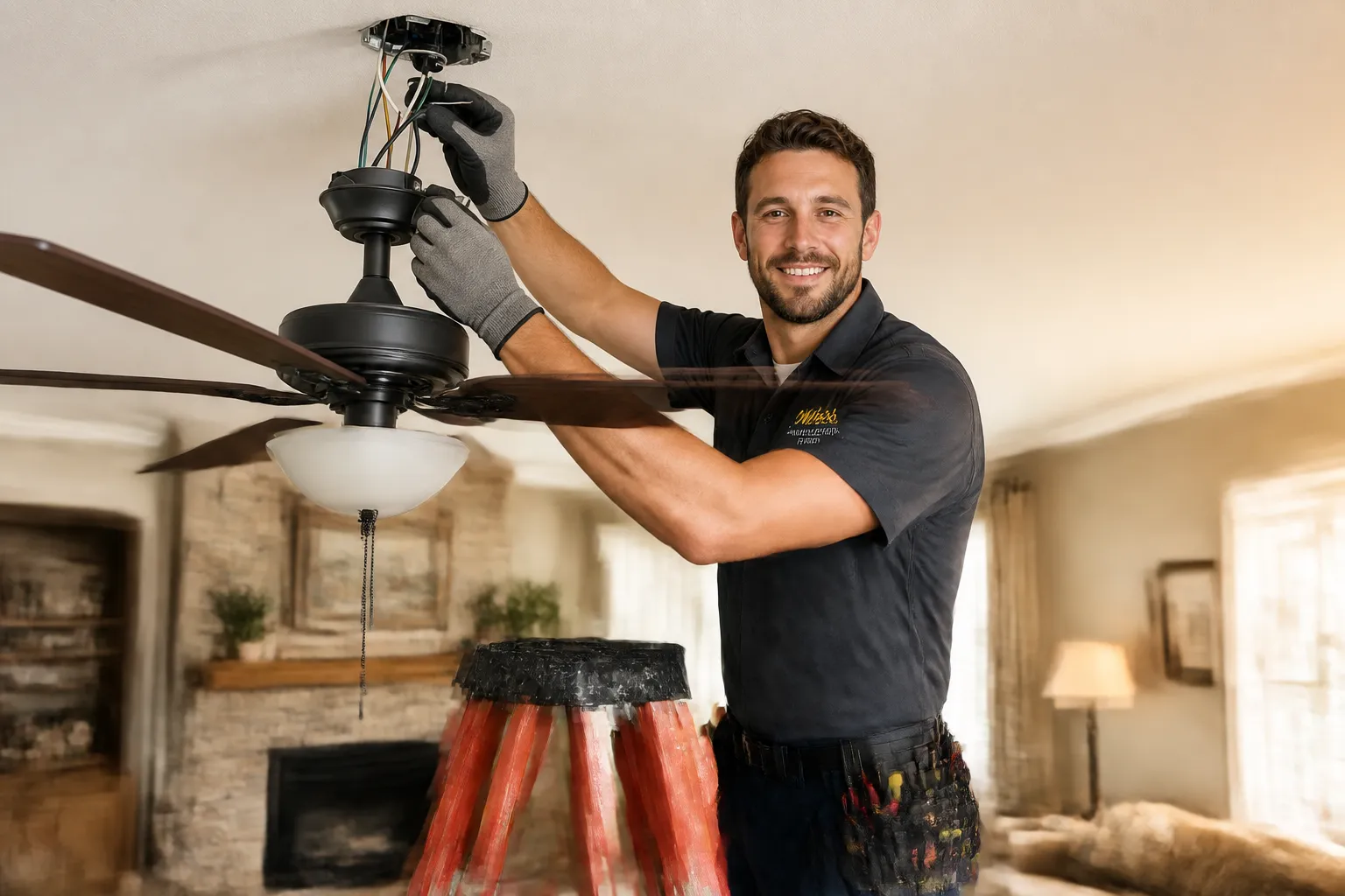 Technician installing a ceiling fan on a job site